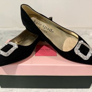 Kate Spade Black Suede Flats with Silver Rhinestone Buckle